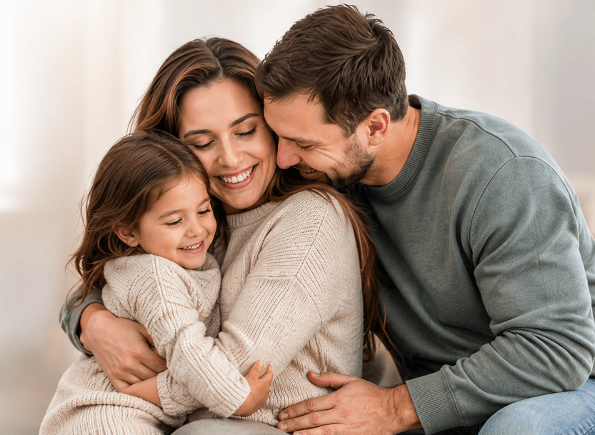 A family embracing and smiling